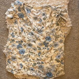 Cream and Blue Ruched Ruffled Blouse